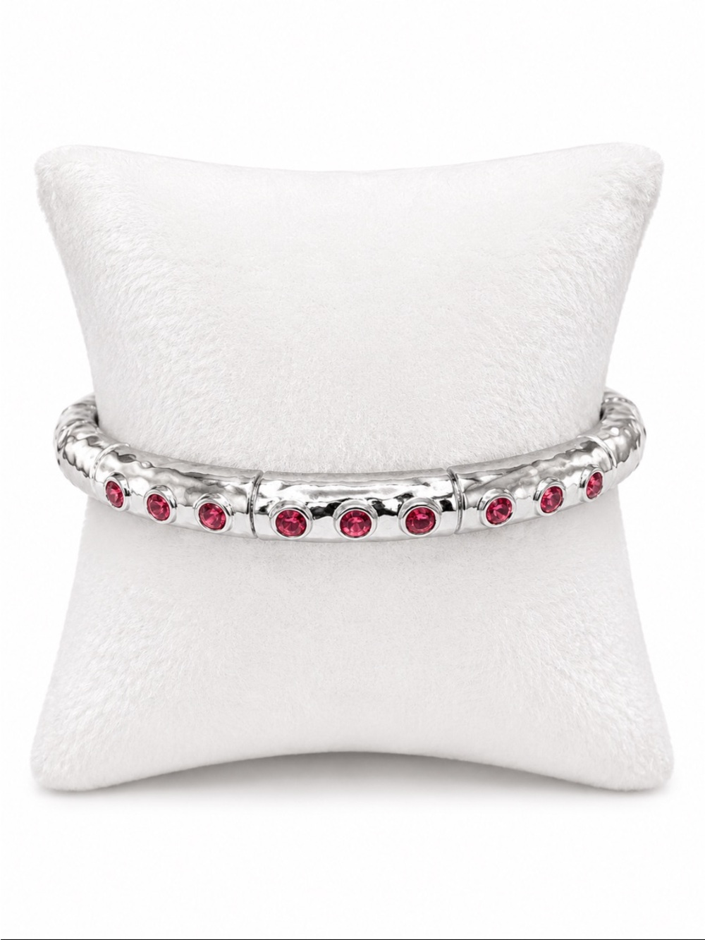 Silver Hammered Bangle Bracelet with Pink Crystal Accents